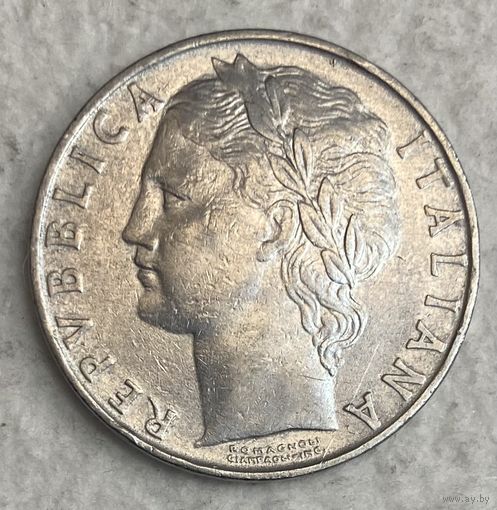 Монета 100 лир, 1955 год, Италия. С рубля без МЦ.