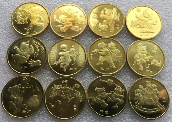 Китай, 1 юань 2003-2014 год, Китайский гороскоп (набор 12 монет), UNC