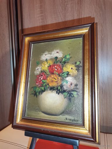 Картина небольшого размера "Розы", маслом на холсте, подпись автора, размер 24*19 см.