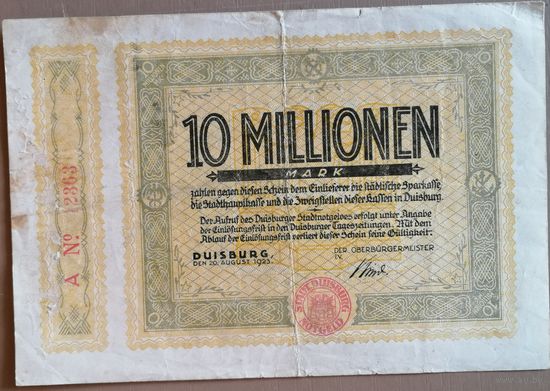 Германия 10 млн марок 1923 Дуйсбург (Duisburg) 1179.а ВЗ круги РЕДКОЕ ДЛЯ БАНКНОТ МОНЕТНОЕ ОТНОШЕНИЕ АВЕРС/РЕВЕРС