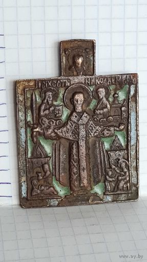 ИКОНА НИКОЛАЙ МОЖАЙСКИЙ ОБРАЗОК ПЛАСТИКА ЭМАЛЬ МЕДНОЛИТОЙ СПЛАВ 18  -19 ВЕК .