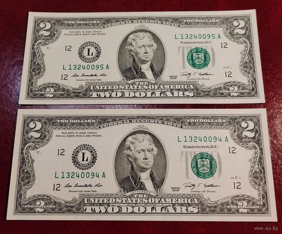 2 доллара 2009 г. Две банкноты одним лотом. Номера подряд. Продажа возможна по отдельности.