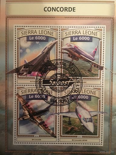 Сьерра Леоне 2016. Сверхзвуковой пассажирский лайнер Конкорд. Блок.