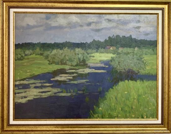 Кравцов В.П "Пейзаж с речкою", 1968г. Холст, масло. Размер 51х69 см.