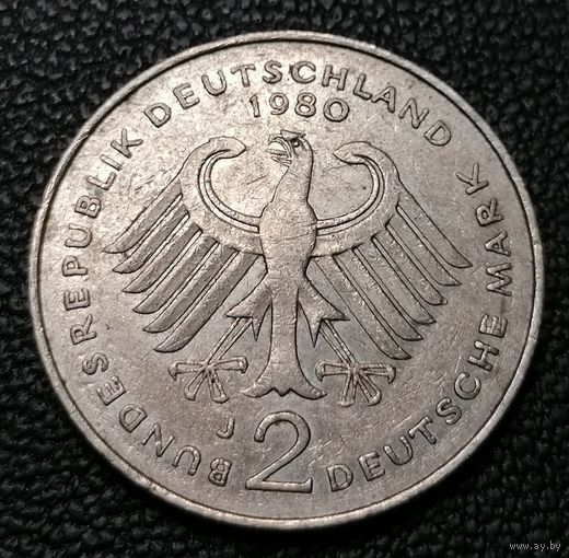2 марки 1980 Теодор Хойс 20 лет Федеративной Республике (1949-1969) "J" - Гамбург