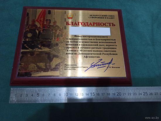 Грамота -Благодарность воину-интернационалисту от Белорусского союза суворовцев и кадет.