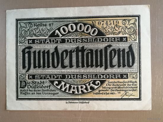 Германия, 100000 марок 1923 год, Дюссельдорф, 1150.b, Reihe 21... Wz. Parkett, печать чёрная? XF