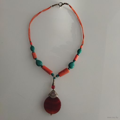 Колье у стиле " Бохо" Винтаж. Натуральные камни. Бисер.Металл.Гравировка. 51 см.