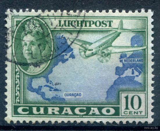 Нидерландские колонии - Кюрасао - 1942г. - ландшафты, авиация, королева Вильгельмина, авиапочта, 10 с - 1 марка - гашёная [Mi 183]. #3-WB-97-A-1