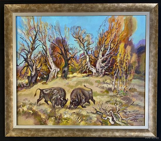 Поплавский Г.Г. Каталожная работа "Осенняя пора.Схватка великанов", 2004г. Холст, акрил. Размер 55х65 см.
