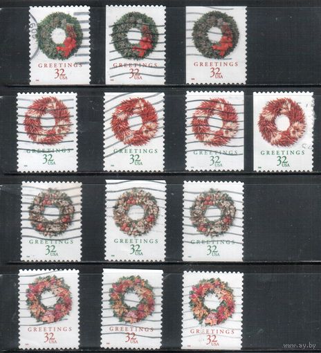 США-1998 (Мих.3051-3054 ВА+BD+ВЕ) , гаш., Рождество, Венки (полная серия), зубцовки