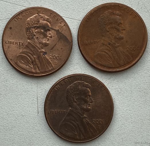 США 1 цент 2000, 2001 г. D. Цена за 1 шт.