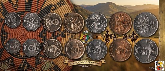 Свазиленд (Эсватини) набор монет 5, 10, 20, 50 центов; 1, 2, 5 лилангени, UNC. Сторгуй за свою цену, предложи обмен!