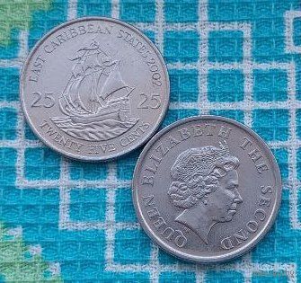 Карибы 25 центов, UNC. Восточные Карибские острова - Гренада, Антигуа и Барбуда, Доминика, Сент Китс и Невис.