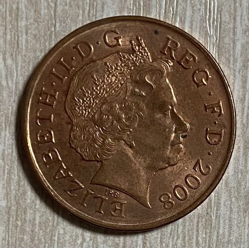 Монета 2 пенса 2008 год. Великобритания. Королева Елизавета II. Фрагмент герба британской королевской семьи.