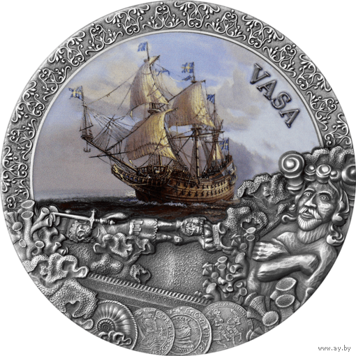 Ниуэ 5 долларов 2021г. "Великие кораблекрушения в истории: Корабль Ваза". Монета в капсуле; деревянном подарочном футляре; сертификат; коробка. СЕРЕБРО 62,20гр.(2 oz).