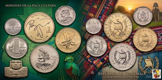 Гватемала набор монет 1, 5, 10, 25, 50 центавос, 1 Кетсаль, UNC. Сторгуй за свою цену, предложи обмен!