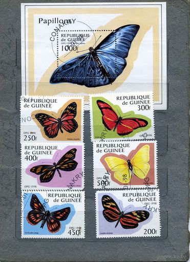ГВИНЕЯ, 1998,  БАБОЧКИ, серия 6м+блок гашен  Михель 1716-21, бл 1722    11,6 евро