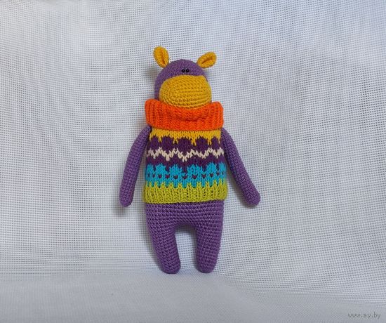 Яркий бегемотик в свитере Плюшевая вязаная мягкая игрушка амигуруми бегемот интерьер ручная работа handmade кукла