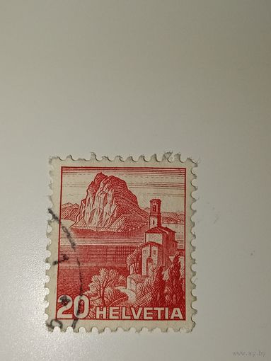Марка Швейцария 1938 год Изображение озера Лугано, горы Сан-Сальваторе и церкви Кастаньола