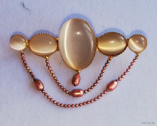 Брошь, винтаж, камни Кошачий глаз