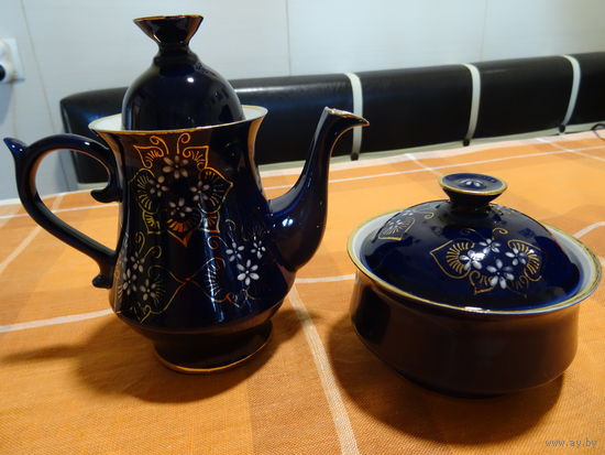 Чайник заварочный + сахарница, кобальт, позолота, Бронницы