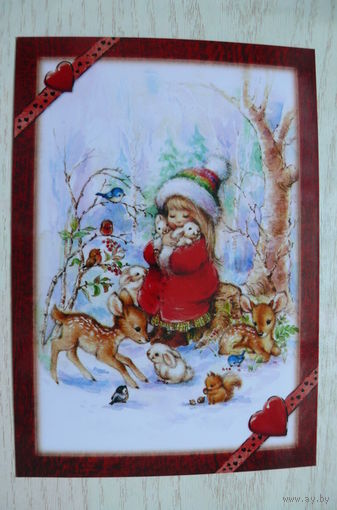 Современная Новогодняя открытка прошлых лет; чистая (девочка, зайчик, белка, оленёнок).