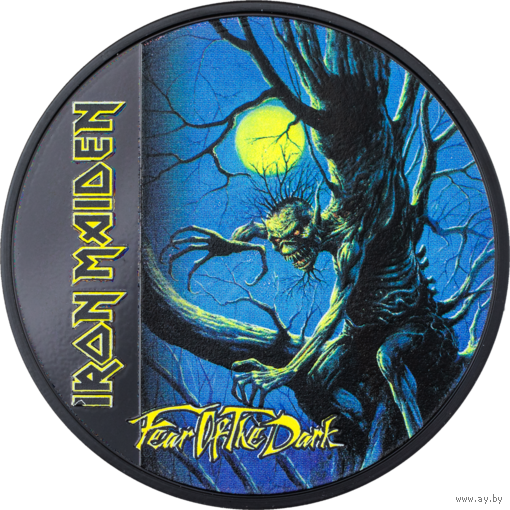 Острова Кука 5 долларов 2022г. "Iron Maiden – Fear of the Dark (Страх темноты)". Obsidian Black. Монета в капсуле; подарочной рамке - футрляре; сертификат; коробка. СЕРЕБРО 31,10гр.(1 oz).