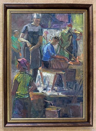 Красовский Е.Е;50/70см; "На стеклозаводе", 1975г. Картон, масло.Размер 50х70 см.