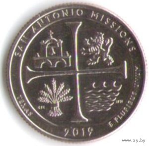 25 центов 2019 г. Парк=49 Национальный исторический парк Миссии Сан-Антонио Техас Двор S _состояние UNC