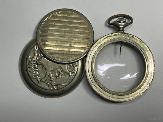 Часы карманные Молния волки,редкий корпус с 2мя крышками,мельхиор.Старт с рубля