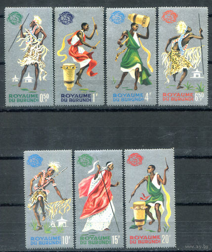 Бурунди - 1965г. - Всемирная выставка в Нью-Йорке, танцы - 7 марок - полная серия, MNH, 3 марки с отпечатками на клее [Mi 183 A - 189 A]. #3-Bu-Z-1-17