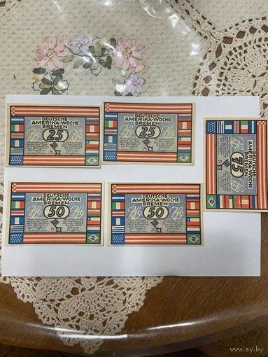 Нотгельды 25-25-50-50-75 пфеннигов 1922 год. Бремен Америка. Веймарская республика - 2201