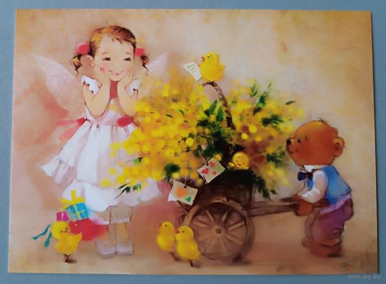 Мимоза. К 8 Марта. Девочка. Бабок Екатерина. Авторская открытка, глянец. АСARDS.BY