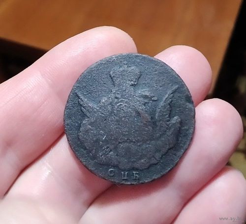 1 копейка 1755 г., СПБ, гурт сетчатый. Облачник.