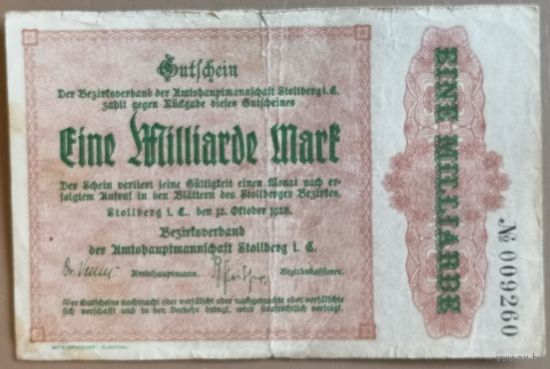 Германия 1 миллиард марок 1923 г Штольберг (Stollberg), 4892i, B8, НЕ ЧАСТЫЙ