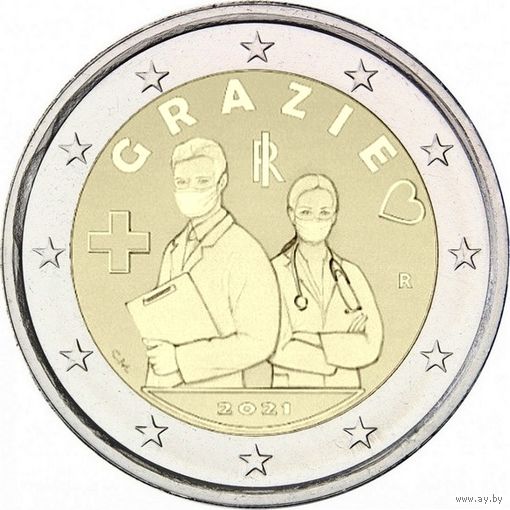 Италия 2 евро 2021 Медицинские профессии /Спасибо/ UNC из ролла