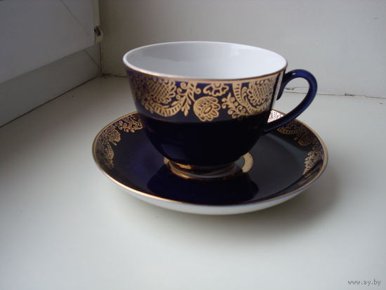 Чайная пара (чашка и блюдце) "Версаль" кобальт ЛФЗ СССР. Люкс