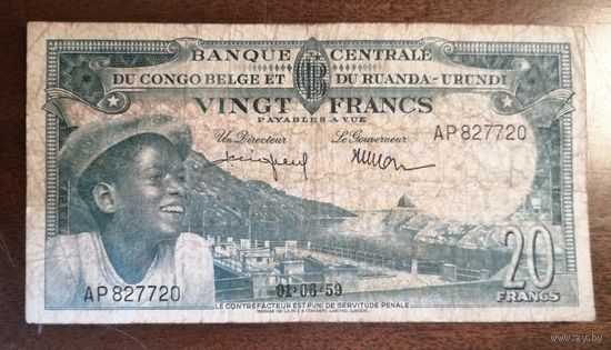 Банк бельгийского Конго для Руанда-Урунди 20 франков 1959 г., P:31а