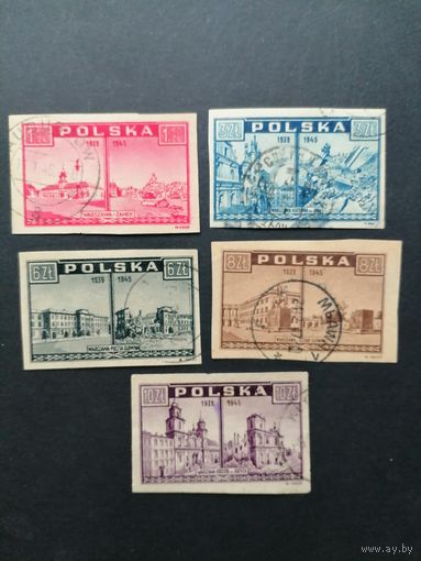 Польша 1945 Неполная серия марок "Взгляд из Варшавы: до и после ее разрушения" (гашение без клея, на нескольких есть следы наклеек) Mi.414-415, 417-419 каталог 1.90 евро