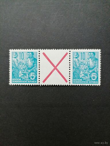 ГДР 1955 Сцепка горизонтальная из марок стандарта "Пятилетка" (чистая**) Mi.SZ 3  453x+Z+453x каталог 8.00 евро