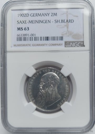 2 марки 1902 Саксен-Мейнинген MS-63 NGC.  Редкая курсовая монета.  Тираж 20.000 экз.