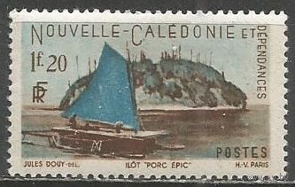Новая Каледония. Местные мотивы. Остров. Яхта. 1948г. Mi#333.