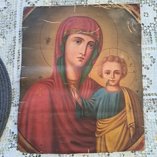 Старинная икона двухсторонняя. Холст.
