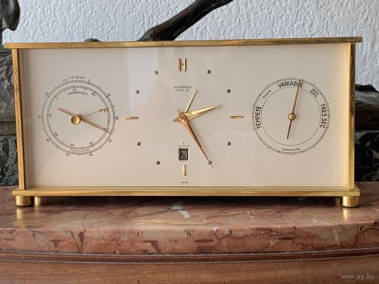 Настольные часы Hermes Paris с будильником, термометром и барометром (Mid-Century Modern, Швейцария)