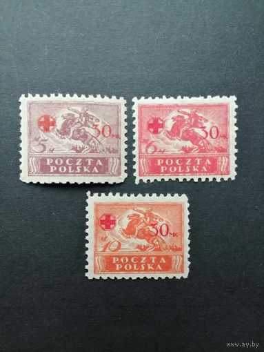 Польша 1921 Неполная серия марок "Красный крест" с надпечаткой "символ красного креста и нового тарифа" на польских марках Mi.114-116 (чистая**) Mi.154-156 каталог 20.00 евро