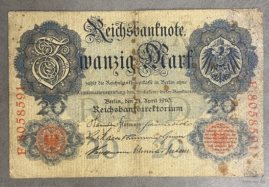 Банкнота 20 марок 1910 год. Германская империя.