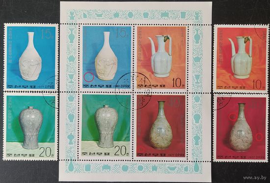 КНДР 1977 керамика 4м+блок, на МЛ дефект печати, на марке 40 светлые точки.