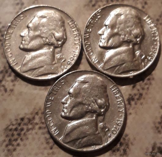 5 центов  1968 1969 1970 все S США Джеферсон ( три монеты)