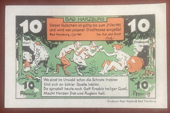 Нотгельд Бад-Гарцбург 10 пфеннигов 1921 год. Веймарская республика